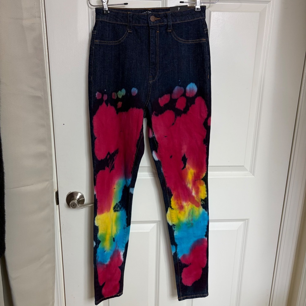 Fashion Nova Pride Tie Dye Skinny Jeans Dark Wash High Waist Rainbow Size 7 NEW